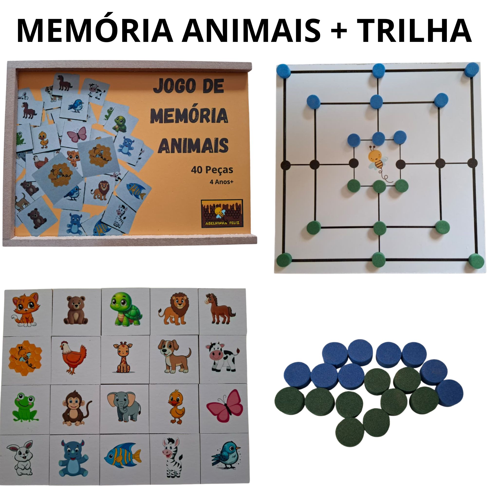 Kit Educativo Infantil – Jogo da Memória Animais + Trilha | Abelhinha Feliz