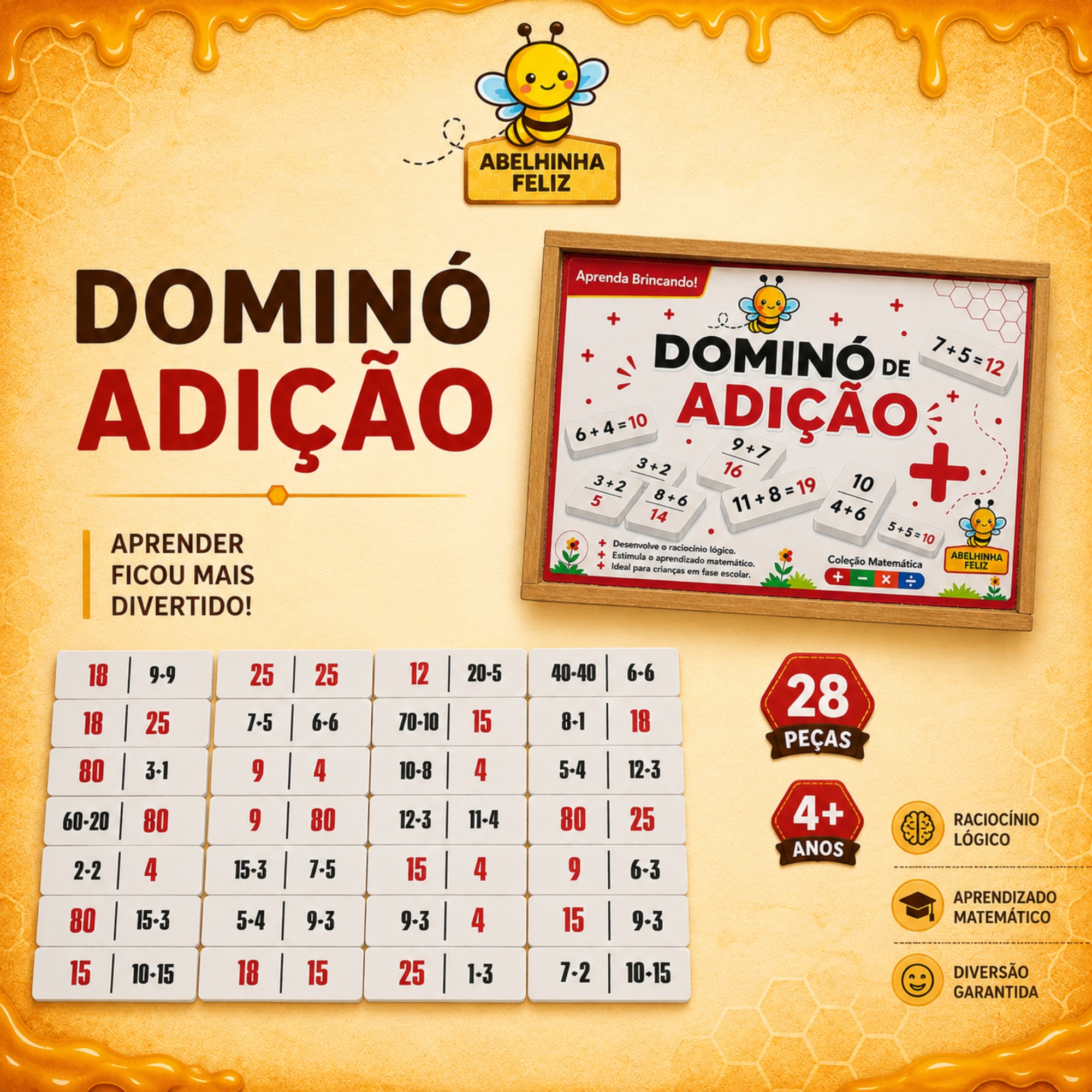 JOGO EDUCATIVO DOMINÓ ADIÇÃO COM 28 PEÇAS E CAIXA EM MDF