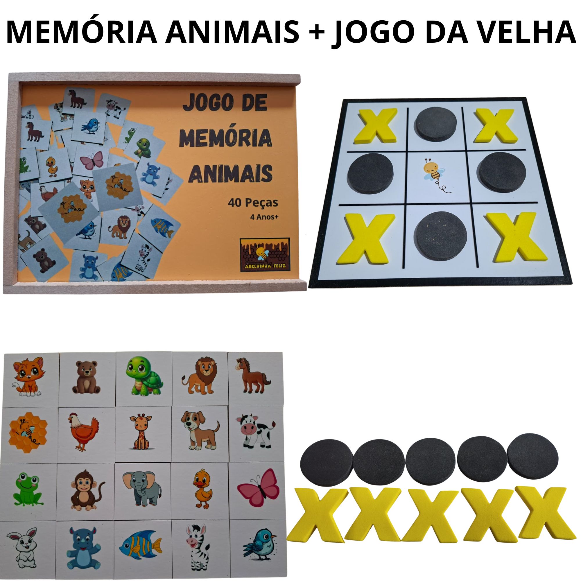 Kit Educativo Infantil MDF – Memória Animais + Jogo da Velha | Abelhinha Feliz