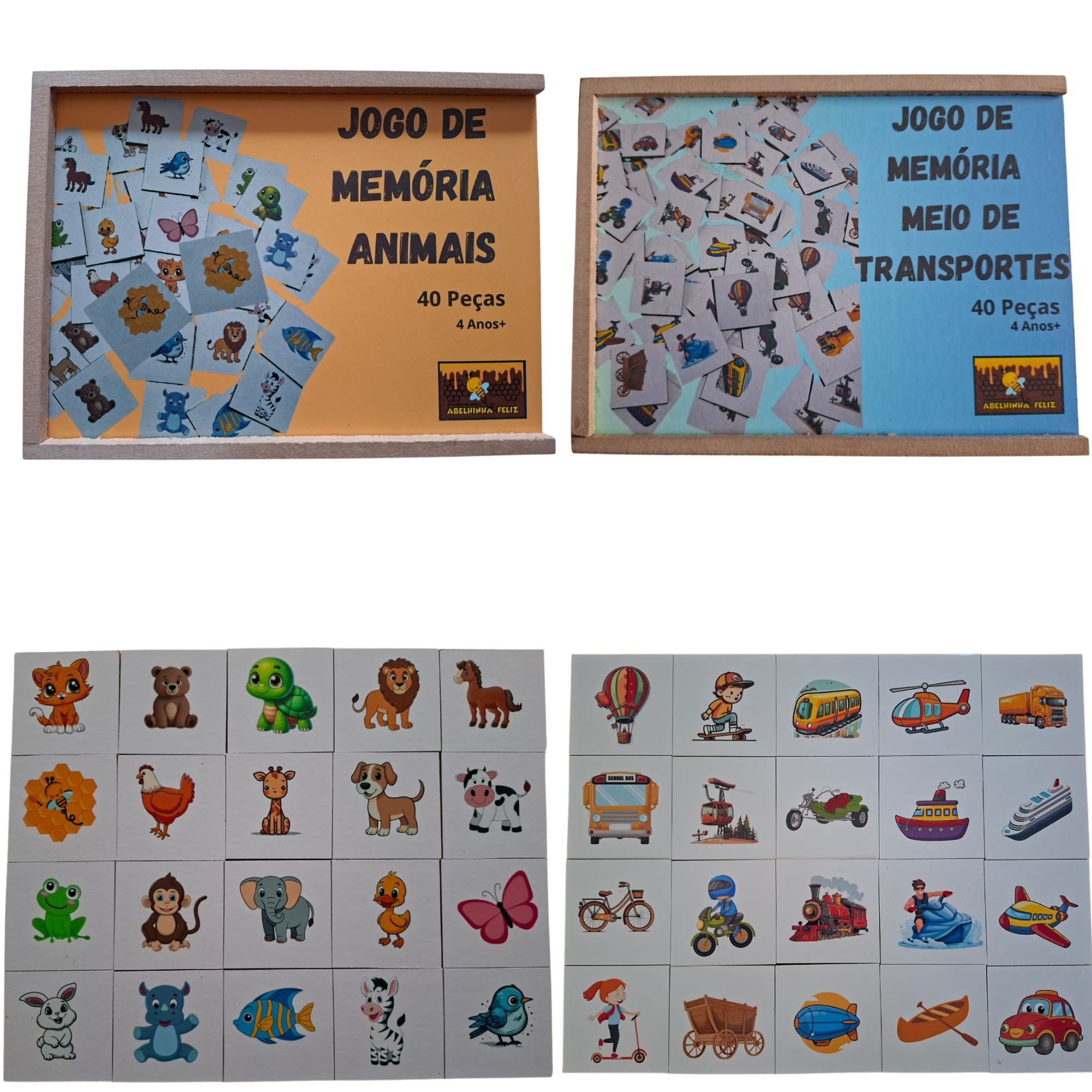Combo 2 em 1 Abelhinha Feliz Memória Animais e Memória Meio de Transportes
