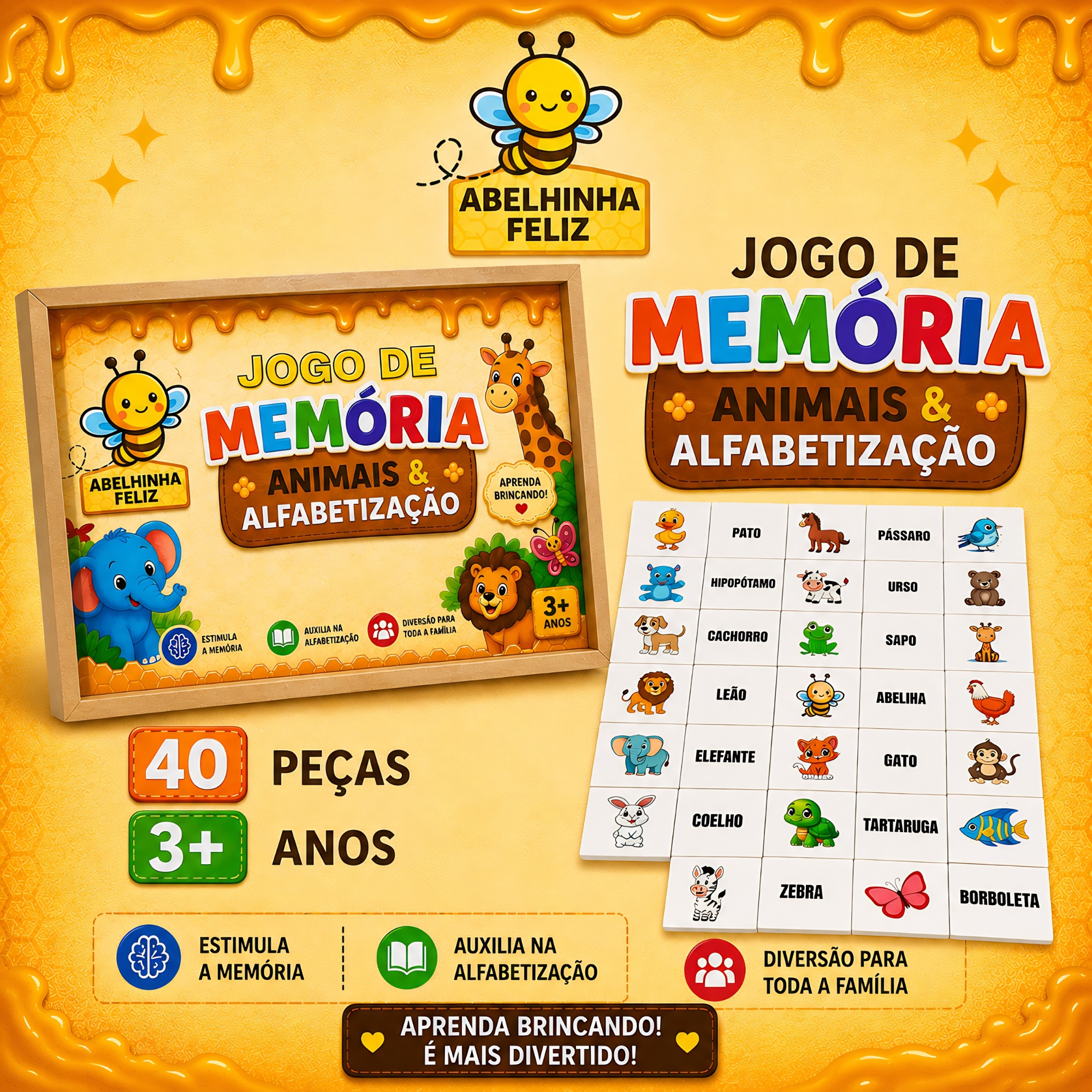 Jogo de Memória Animais e Alfabetização Com 40 Peças
