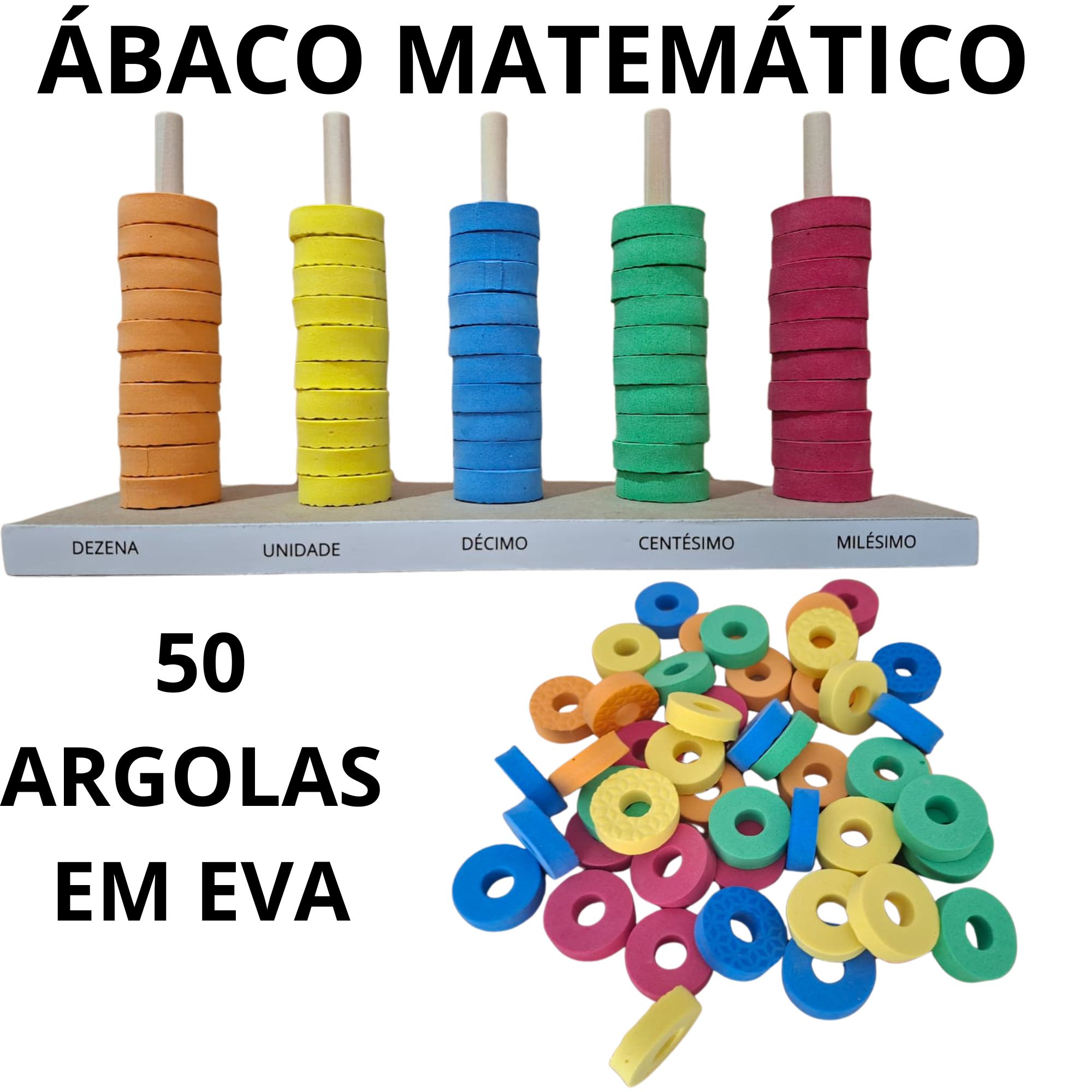 Ábaco Matemático 5 Hastes e 50 Argolas de Eva de 10mm
