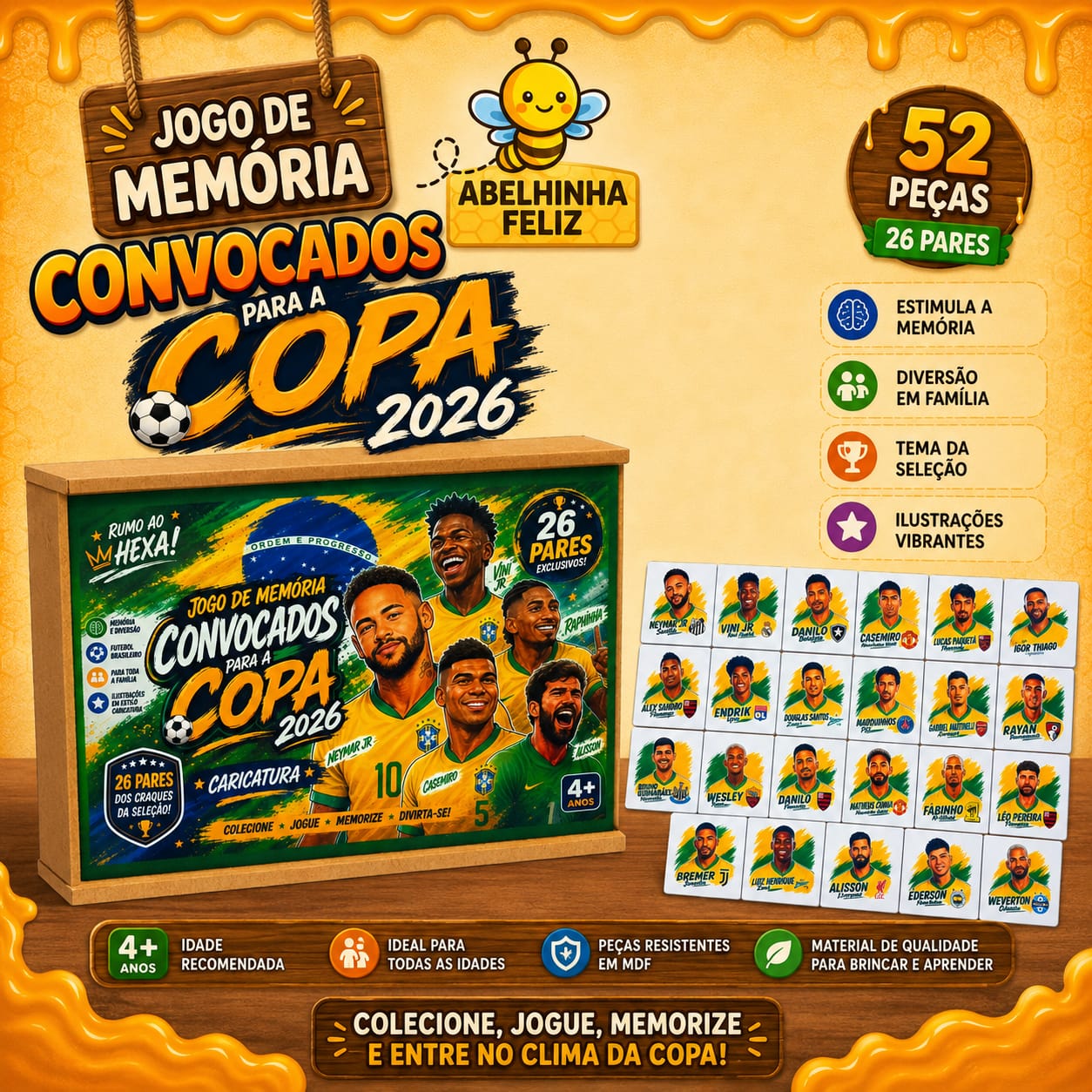 Jogo da Memória Seleção Brasileira Convocados Copa do Mundo - 52 Peças em MDF
