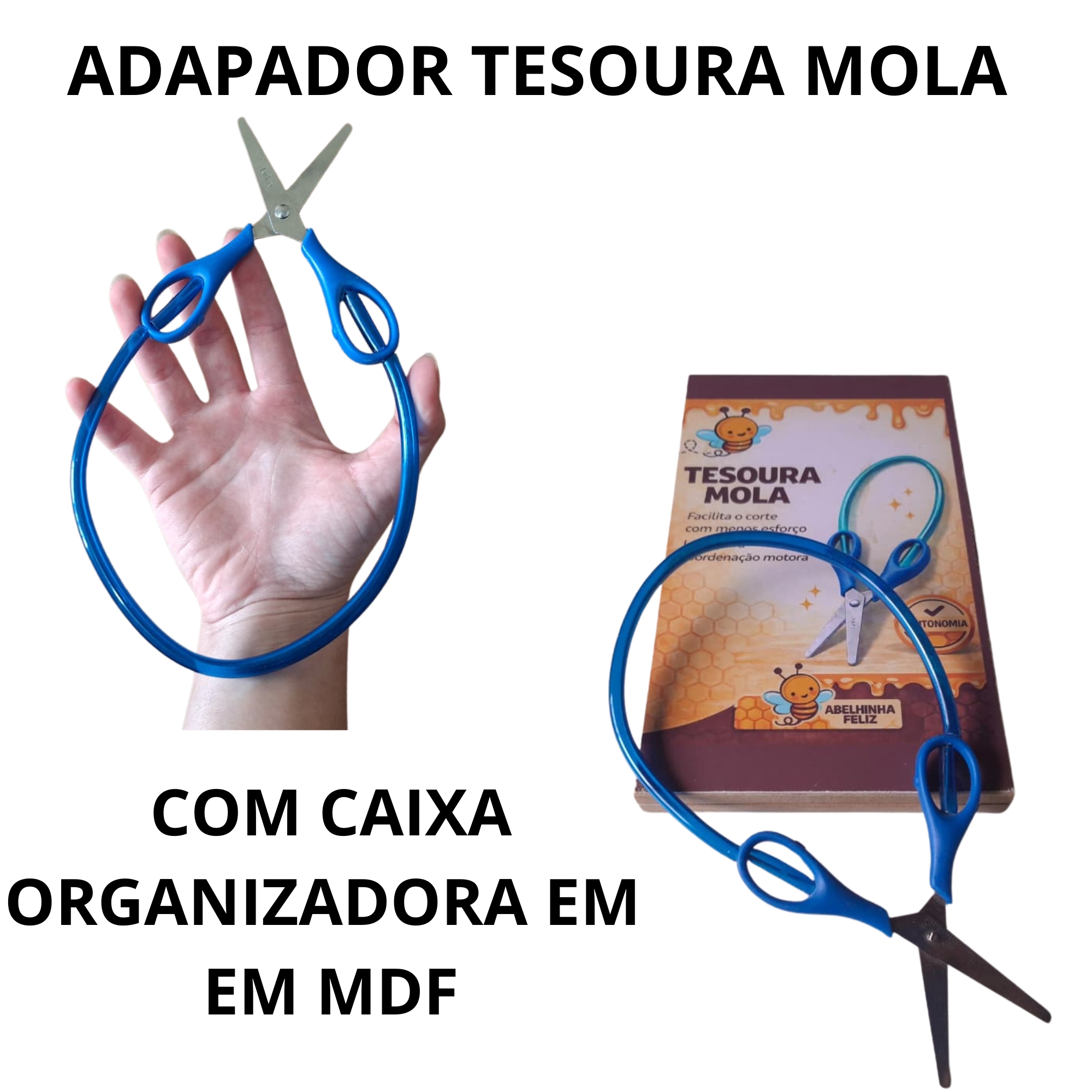 ADAPTADOR TESOURA MOLA COM CAIXA ORGANIZADORA EM MDF - ABELHINHA FELIZ