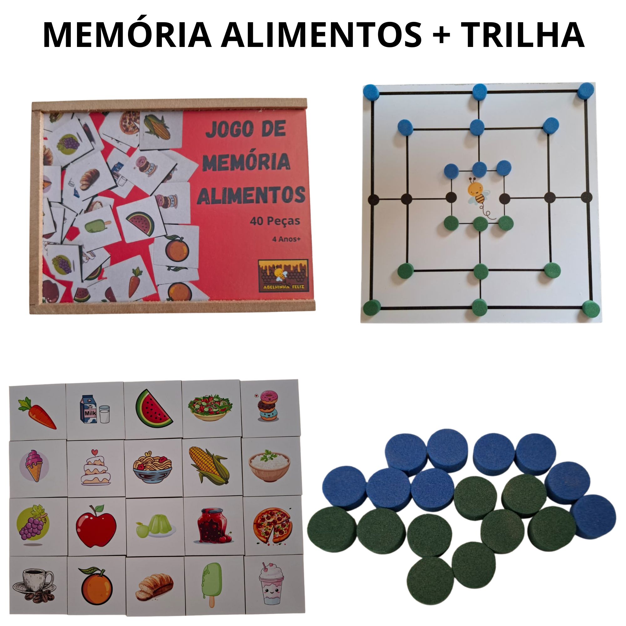 Kit Educativo Infantil MDF – Memória Alimentos + Jogo de Trilha | Abelhinha Feliz
