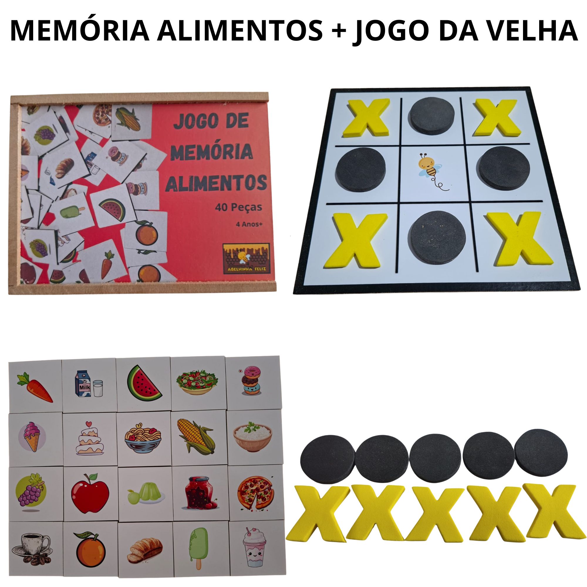 Kit Educativo Infantil – Memória Alimentos + Jogo da Velha | Abelhinha Feliz