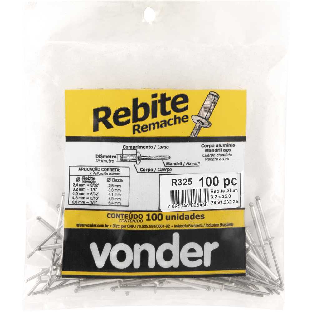 Rebite de Repuxo com Cabeça Redonda Alumínio, 3,2 mm x 25 mm, Vonder, foto 2