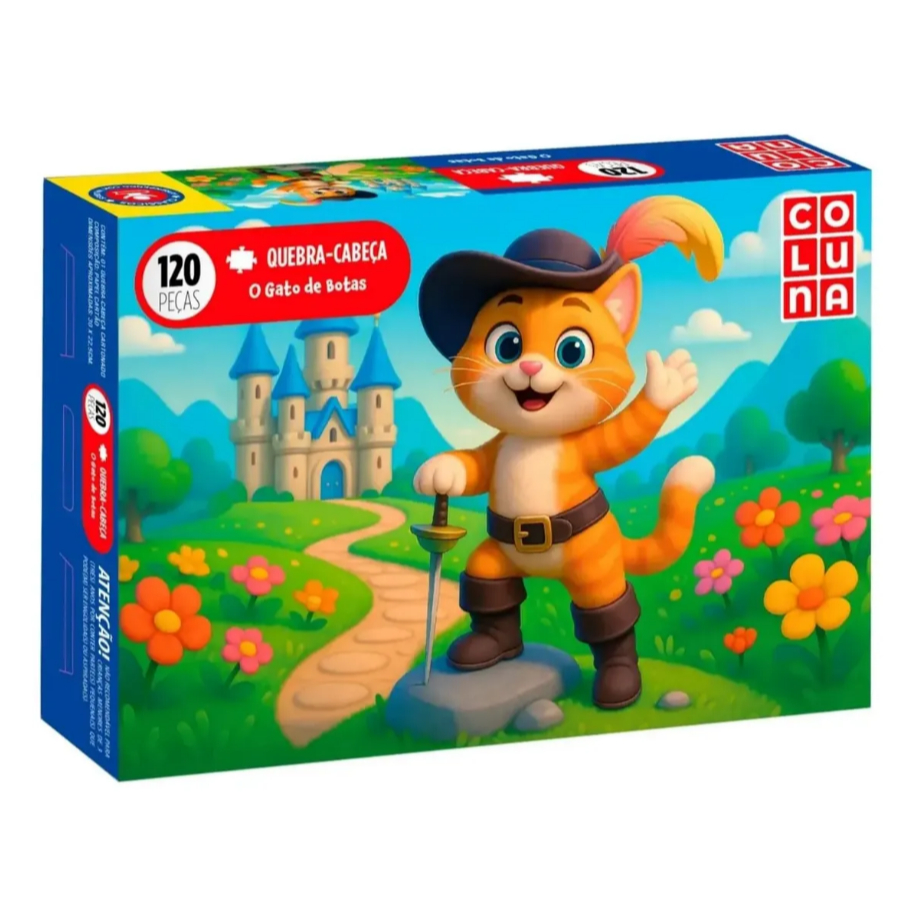 Quebra cabeça O Gato de botas 120 peças Coluna Puzzle QC montar gatinho Presente