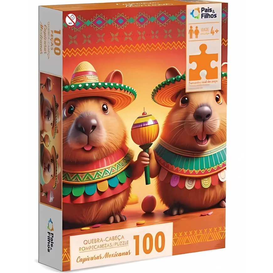 Quebra cabeça Capivaras mexicanas 100 peças Pais e Filhos Puzzle QC montar Presente