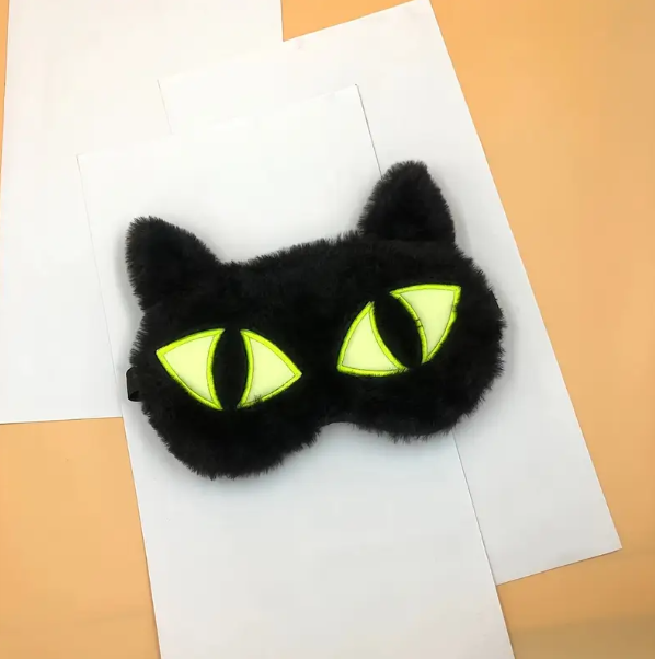 Máscara de Dormir Gato Brilha no escuro - Tapa Olho Gatinho fofo Pelúcia Pijama Sono Viagem