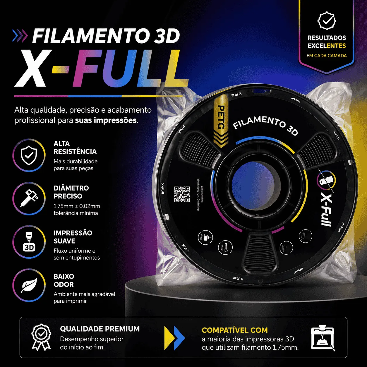 Foto de Filamento PETG - Preto -  X-FULL - 1kg