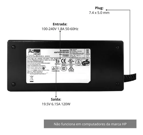 Fonte Notebook 19.5V 6.15A 120W - Conector 7.4 x 5.0 mm (COMPAQ) - Imagem 2