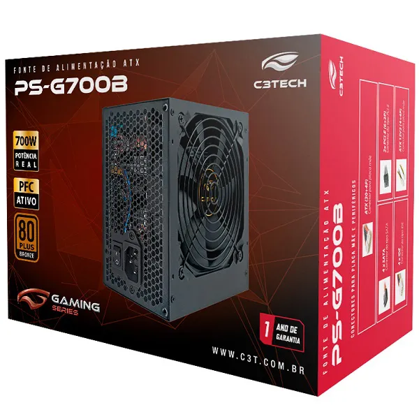 Fonte 700W ATX PFC Ativo 80 Plus Bronze, C3TECH PS-G700B
