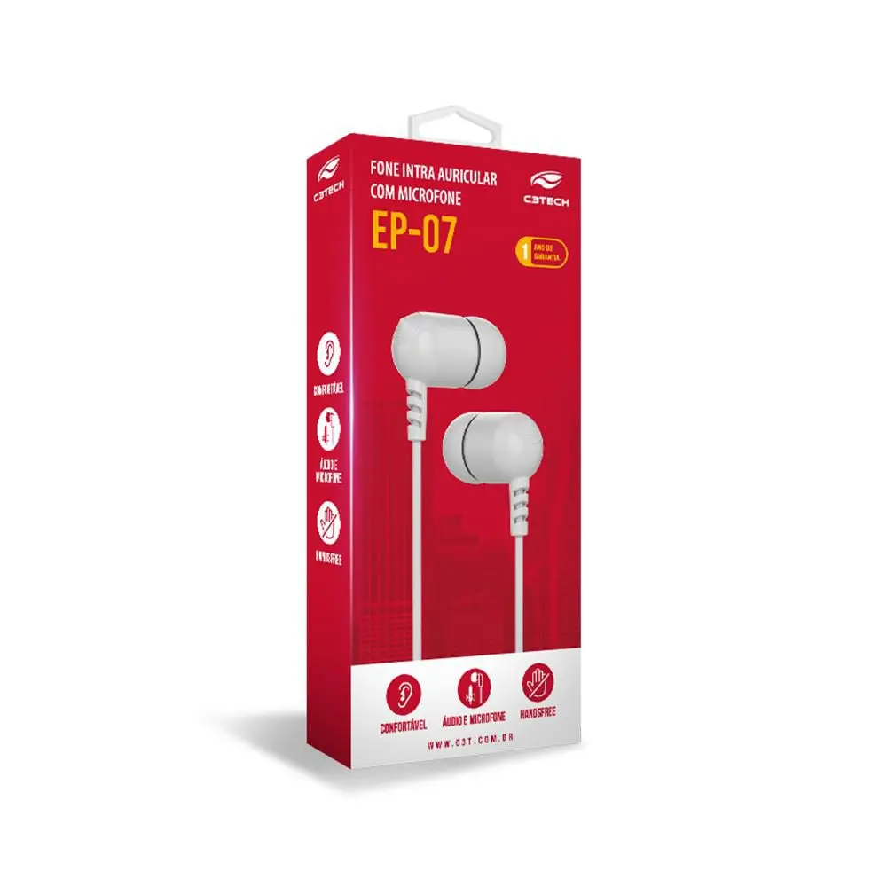 Fone Auricular Intra com Microfone Branco, C3TECH EP-07WH