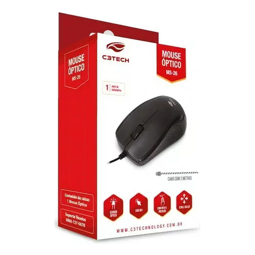 Mouse USB 1000DPI, C3TECH MS-26BK Preto Cabo 2M - Imagem 2