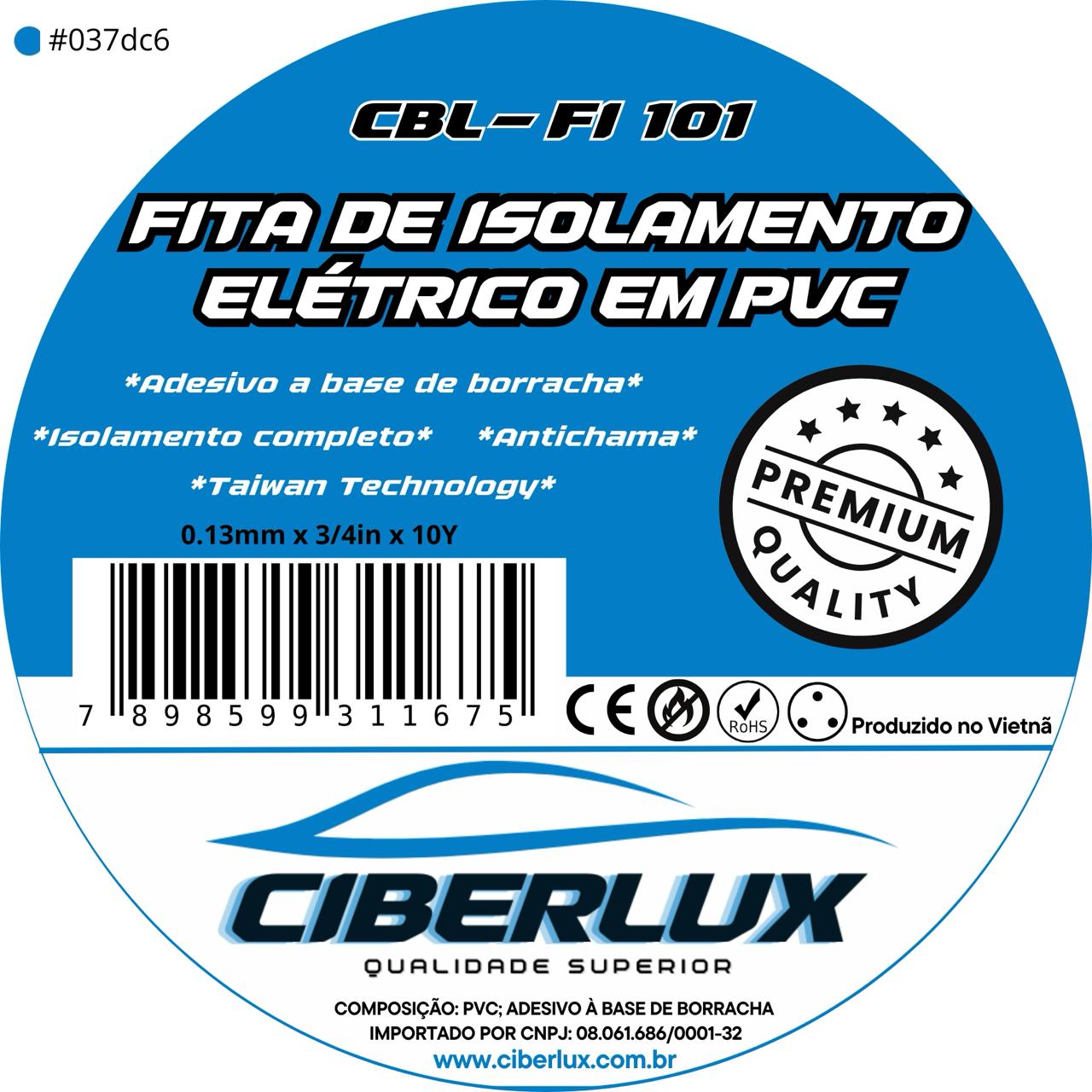(CBL-FI 101-10Y) Fita Isolante 0,13mm x 3/4in x 10Y, CIBERLUX, Antichama, Adesivo a base de borracha