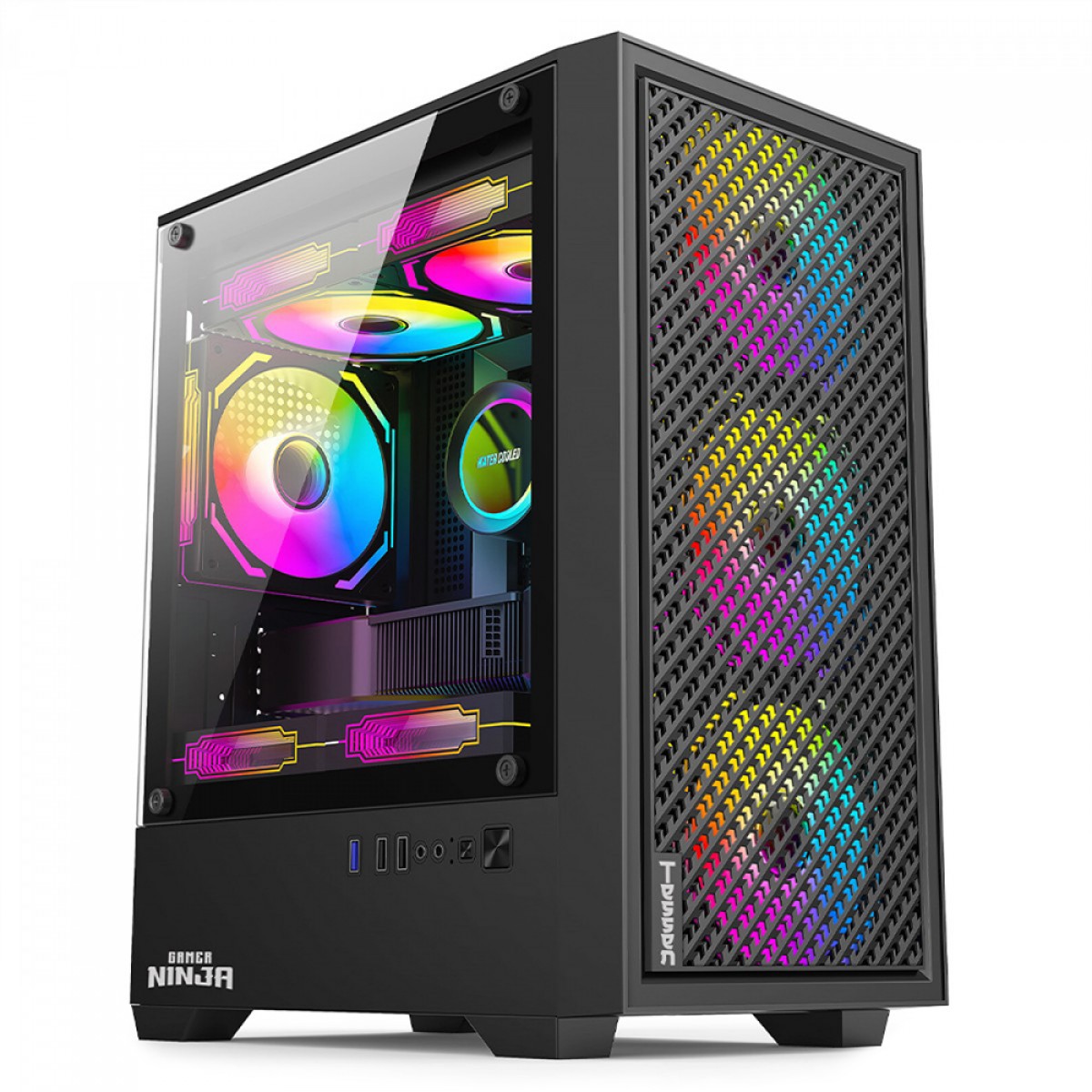 Gabinete Gamer Ninja Tessen, Mid Tower, Vidro Temperado, M-ATX, Com 3 Fans Rainbow, Sem Fonte, Preto, GN-CS-MTBSF - foto 1