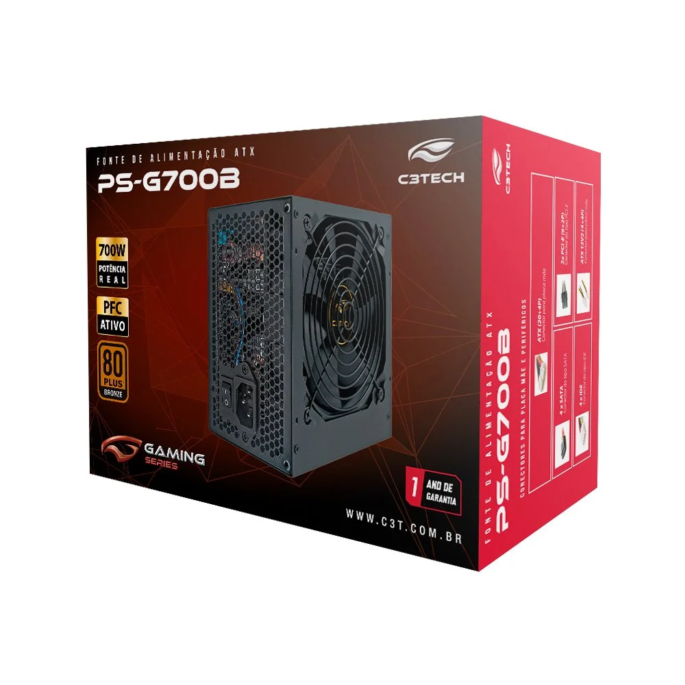 Fonte Gamer C3tech, 700W, 80 Plus Bronze, PFC Ativo, ATX - Ps-G700B - foto 1