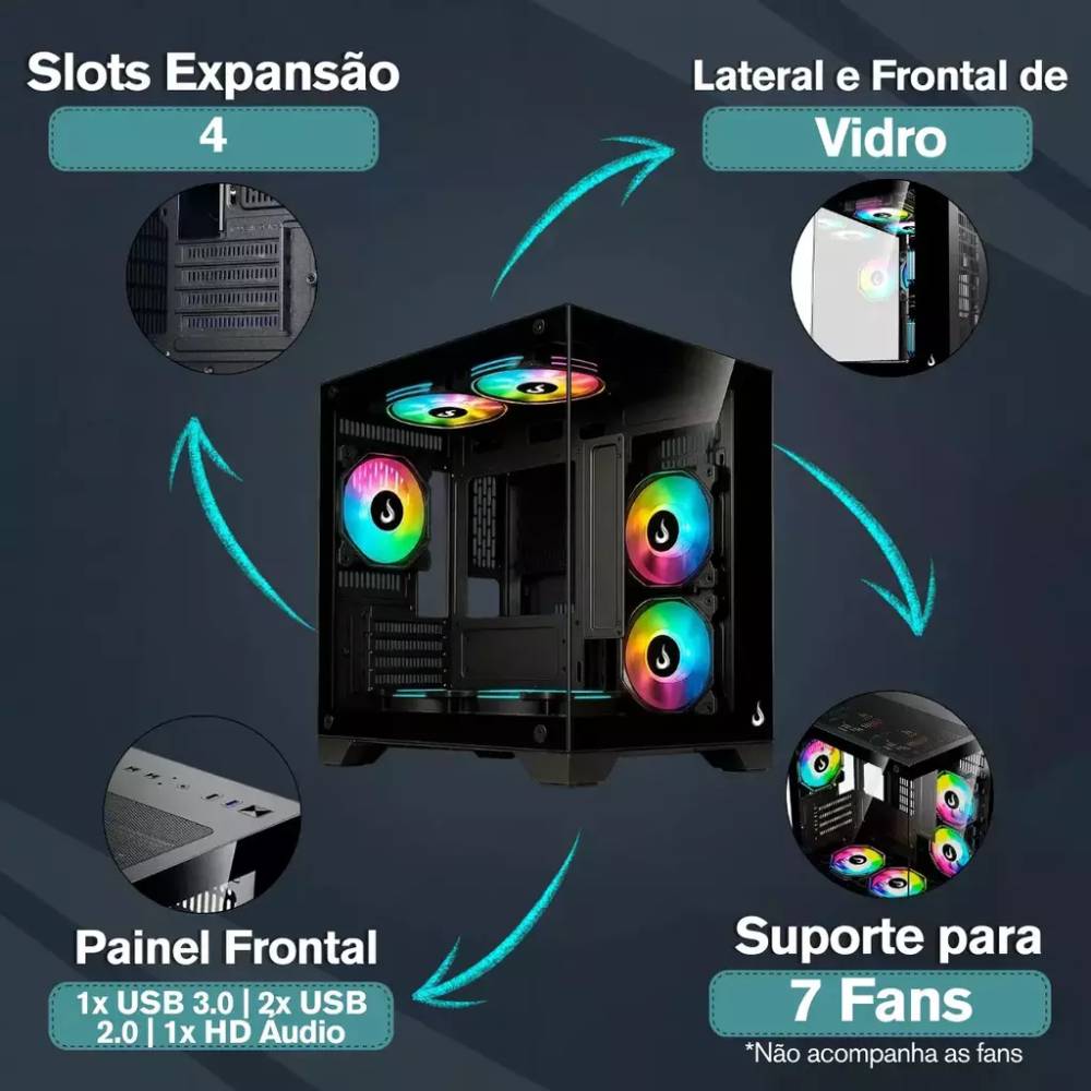 Gabinete Gamer Rise Mode Galaxy Glass M Mini Vidro Temperado USB 3.0 S/ Fan - Preto - miniatura 6