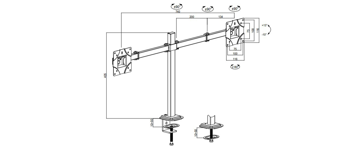 Suporte Articulado Para 2 Monitores Zinnia TMS 180, 17 Pol. a 32 Pol., Preto, ZNO-TMS180-BL01 - miniatura 5
