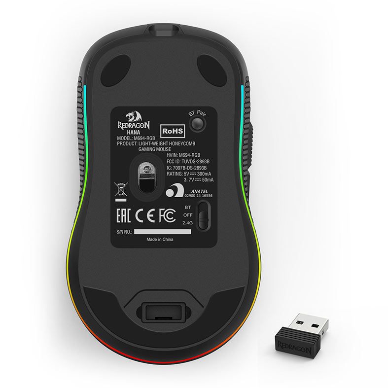 Mouse Redragon Hana, RGB, 7200DPI, 7 Botoes, Wireless, Preto, M694-RGB - miniatura 3