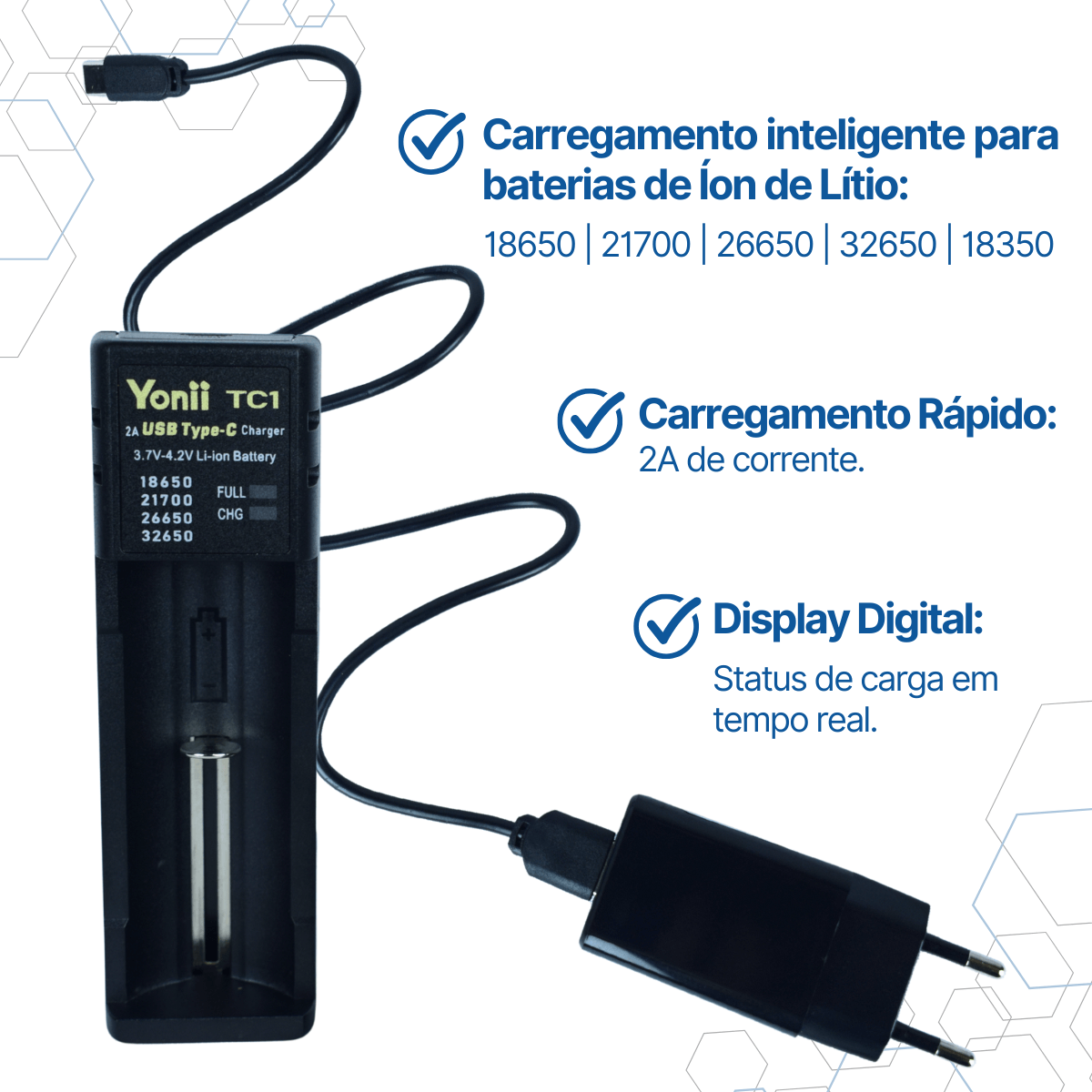 BATCHRUSB CARREGADOR YONII TC1 2A USB-C BATERIA LI-ION UNIVERSAL - Miniatura 3