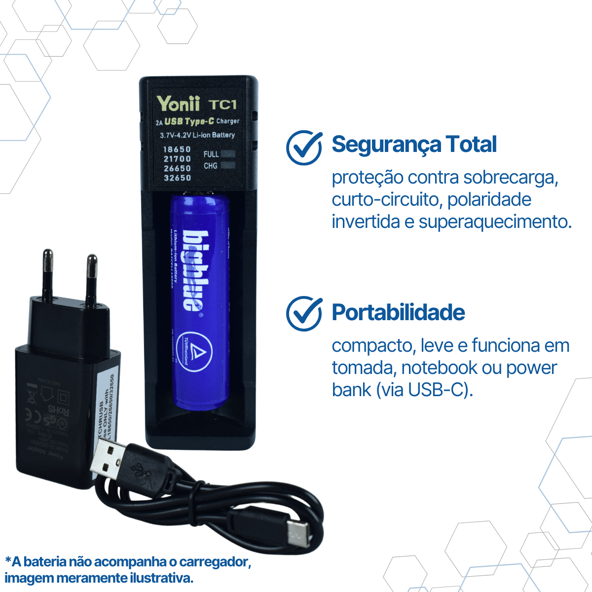 BATCHRUSB CARREGADOR YONII TC1 2A USB-C BATERIA LI-ION UNIVERSAL - Miniatura 4