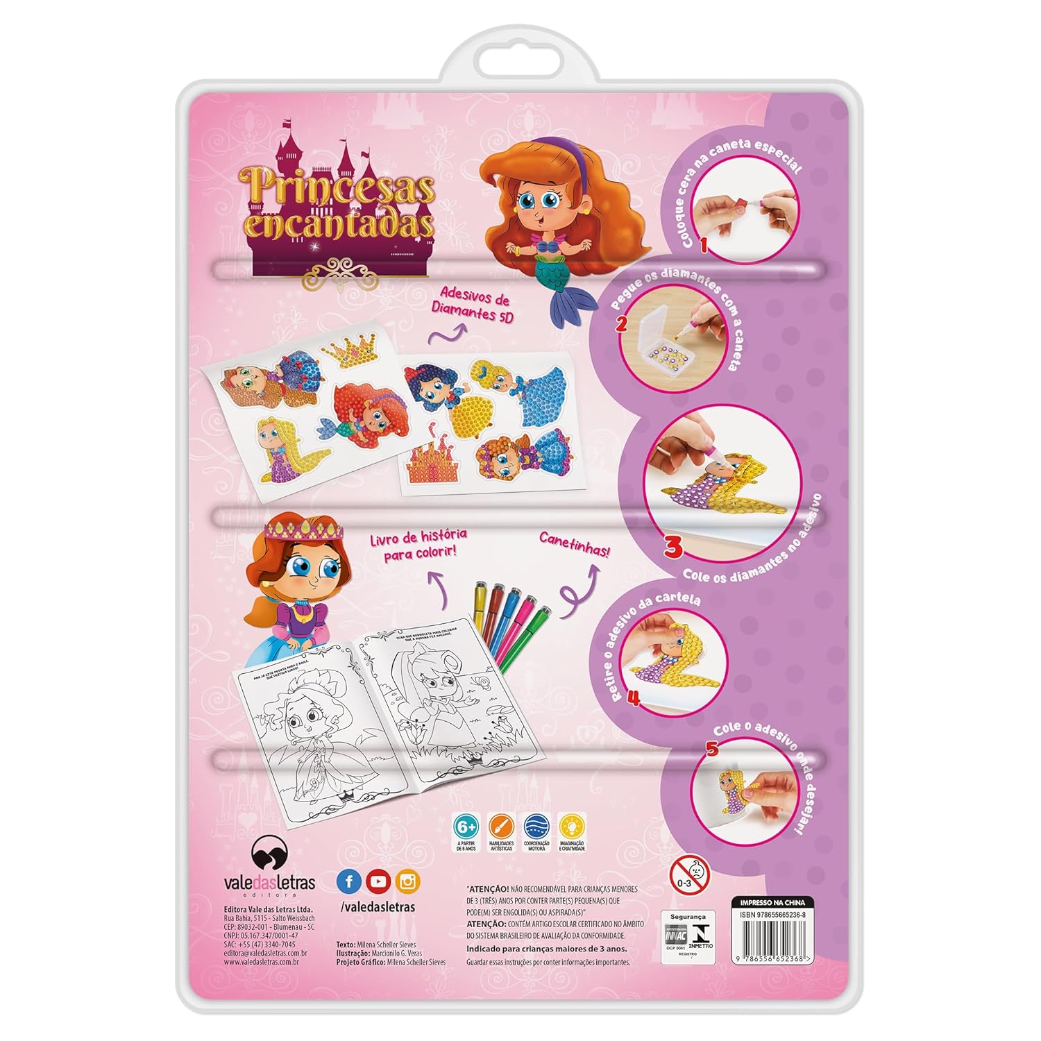 Livro de Colorir Com Canetinhas e Adesivos Fazendo Arte Diamante 5D - Princesas Encantadas