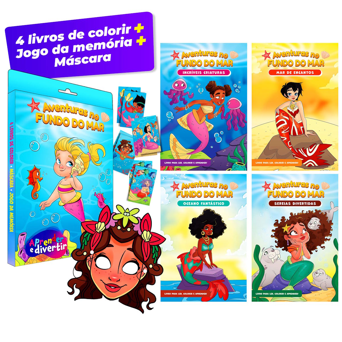 Kit 4 Livros de Colorir Máscara e Jogo da Memória Aprender e Divertir Aventuras no Fundo do Mar