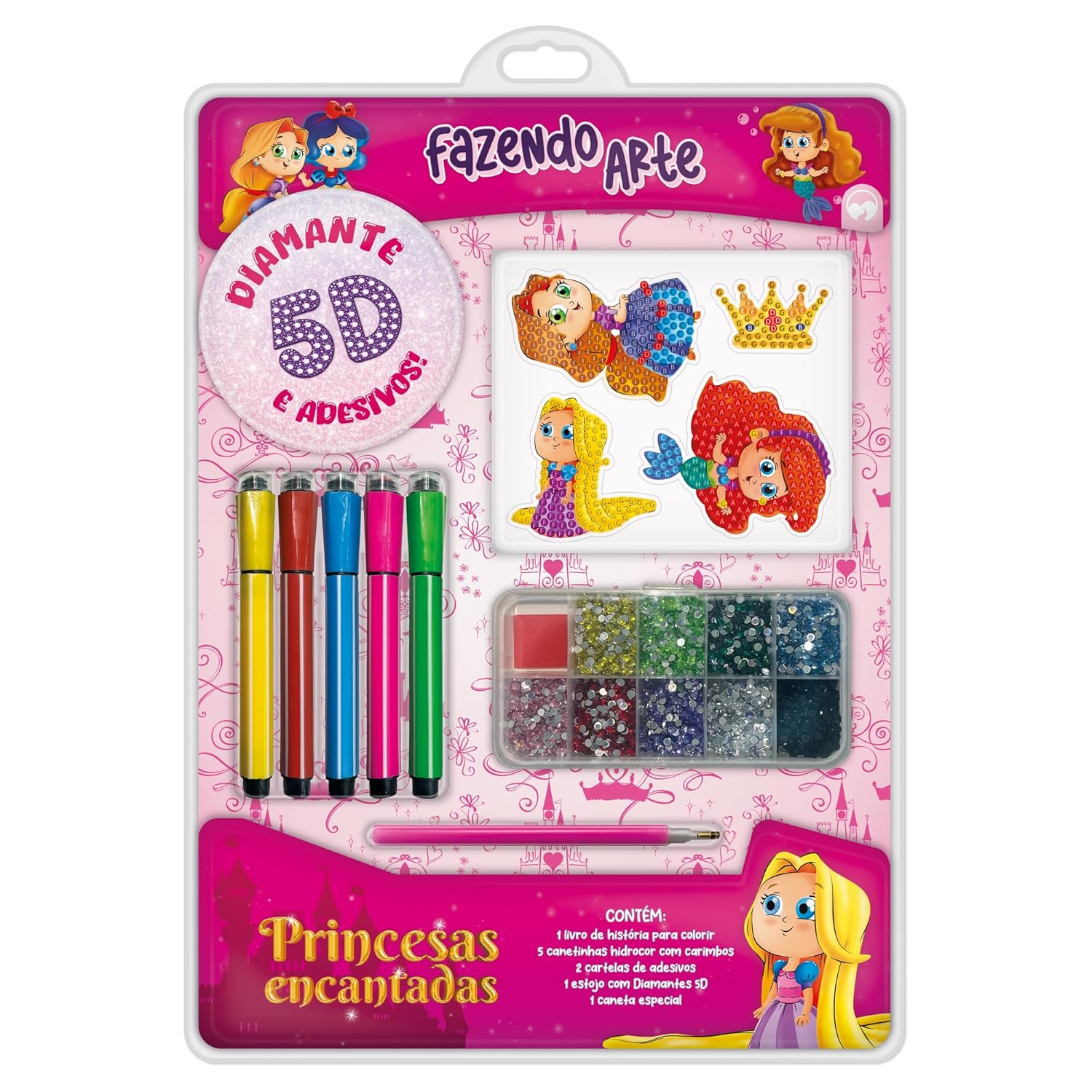 Livro de Colorir Com Canetinhas e Adesivos Fazendo Arte Diamante 5D - Princesas Encantadas