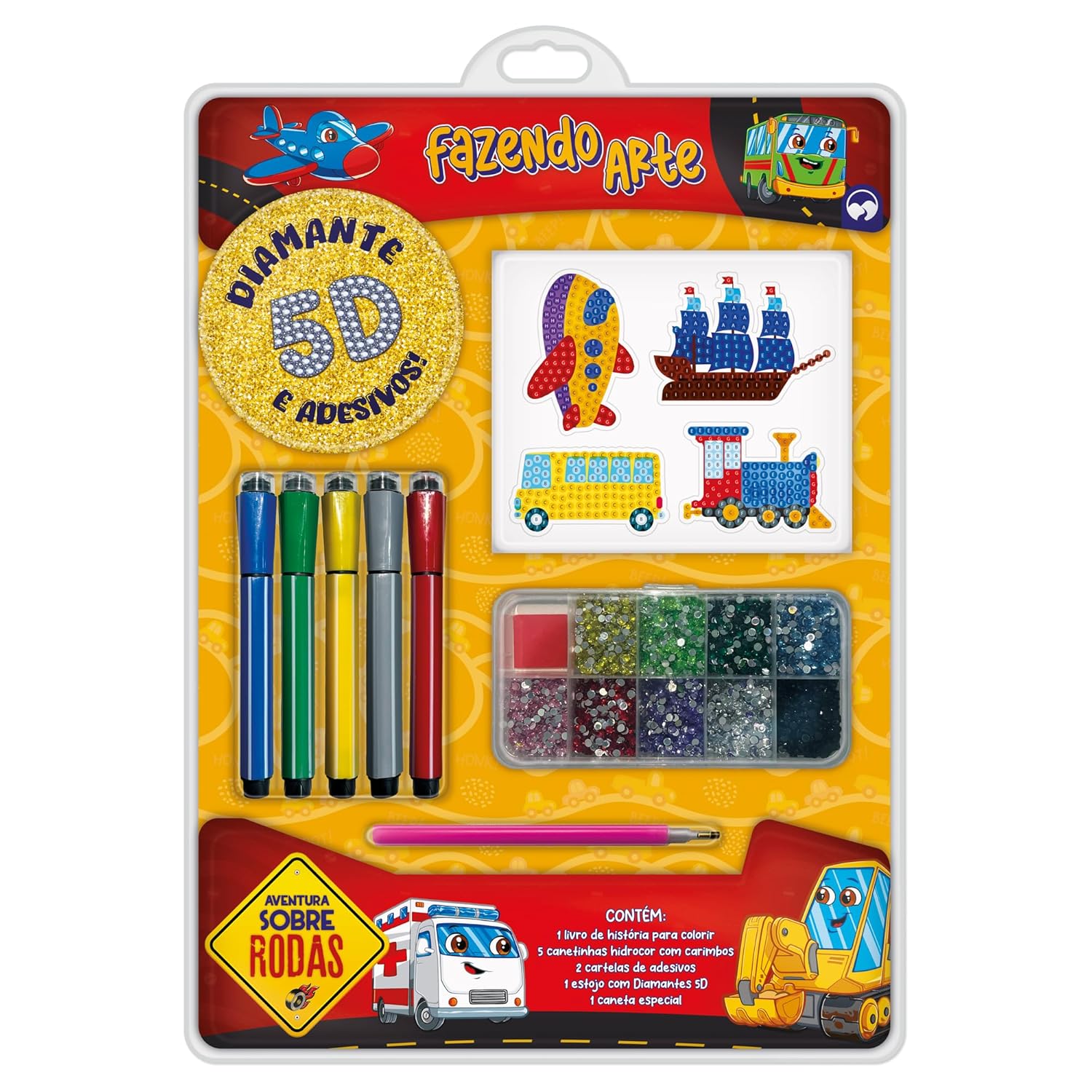 Livro de Colorir Com Canetinhas e Adesivos Fazendo Arte Diamante 5D - Aventura Sobre Rodas