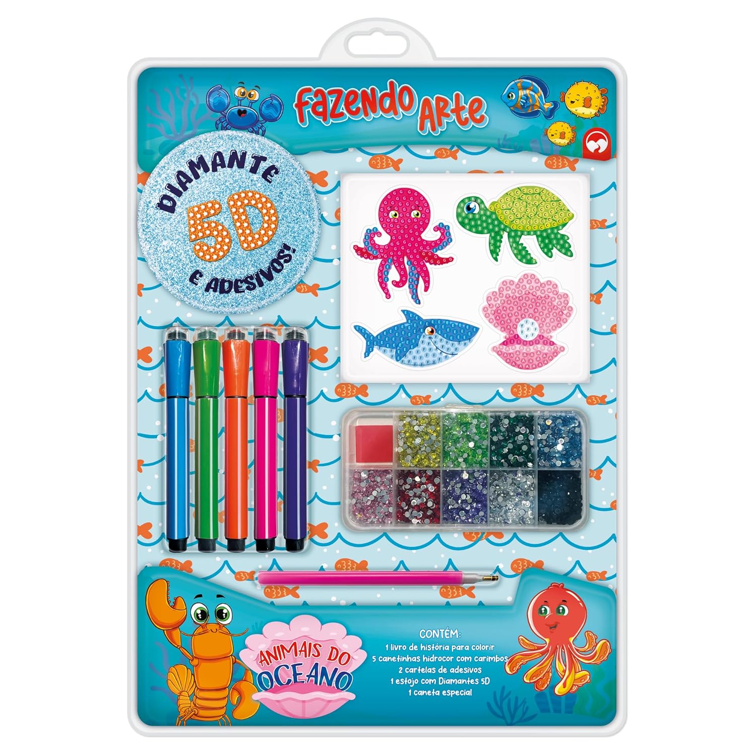 Livro de Colorir Com Canetinhas e Adesivos Fazendo Arte Diamante 5D - Animais do Oceano