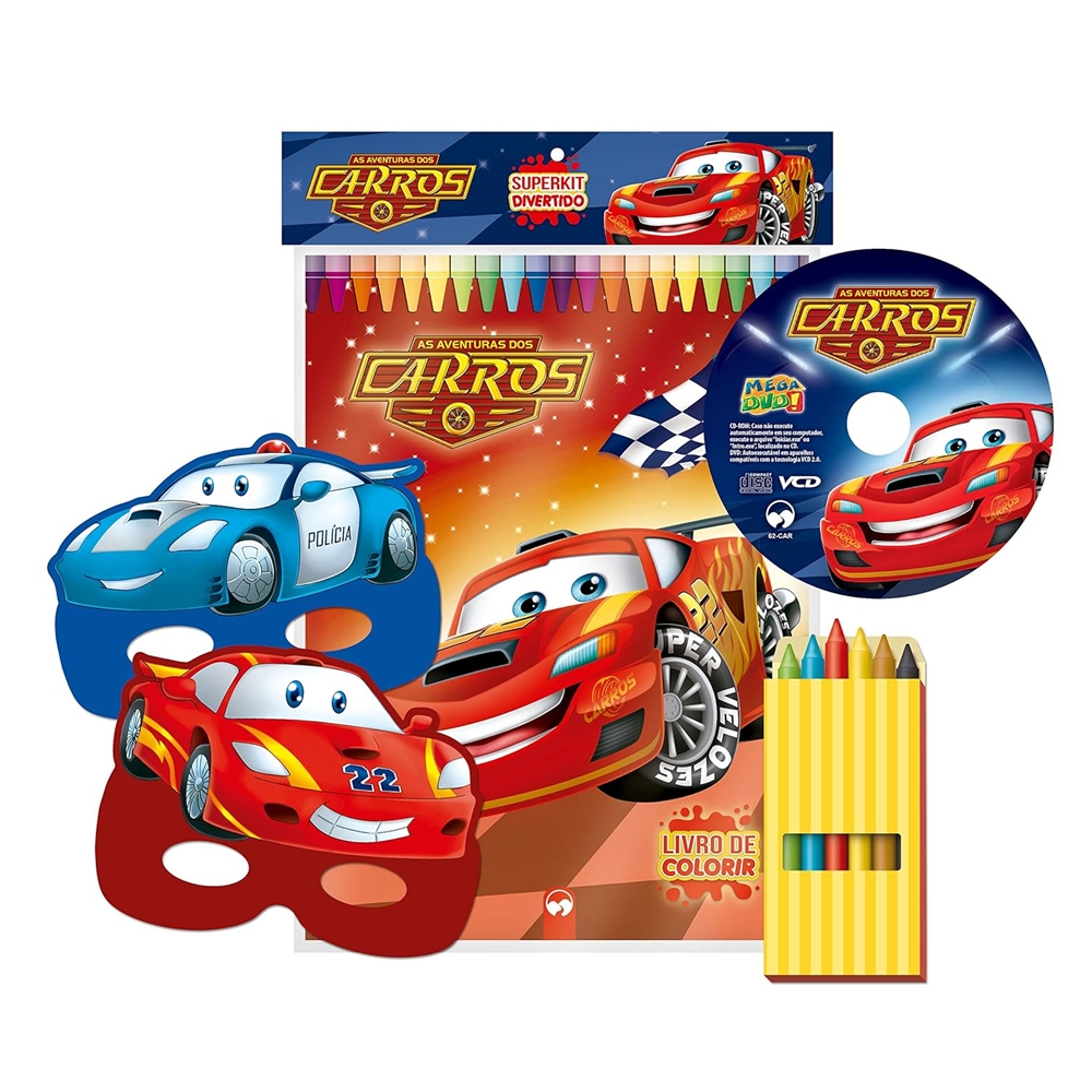 Superkit Infantil Divertido de Colorir com Giz e Máscaras - AVENTURAS DOS CARROS
