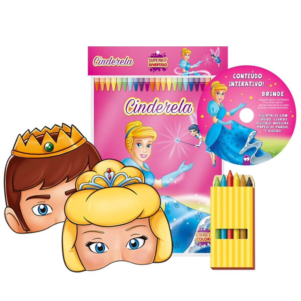 Superkit Infantil Divertido de Colorir com Giz e Máscaras - CINDERELA