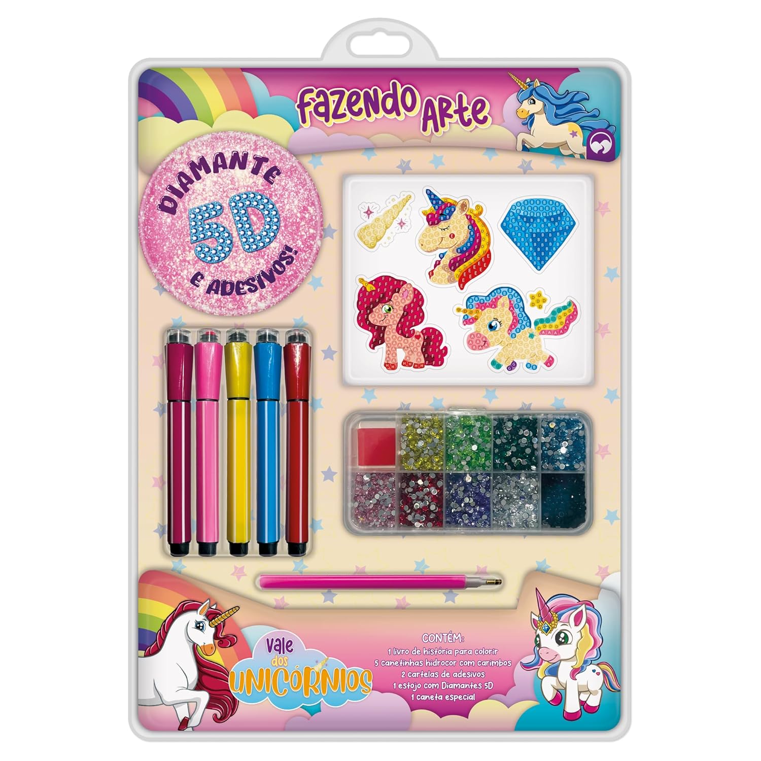 Livro de Colorir Com Canetinhas e Adesivos Fazendo Arte Diamante 5D - Vale dos Unicórnios