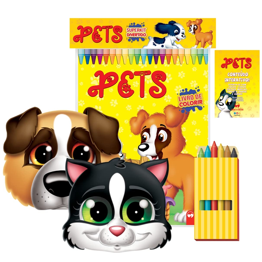 Superkit Infantil Divertido de Colorir com Giz e Máscaras - PETS