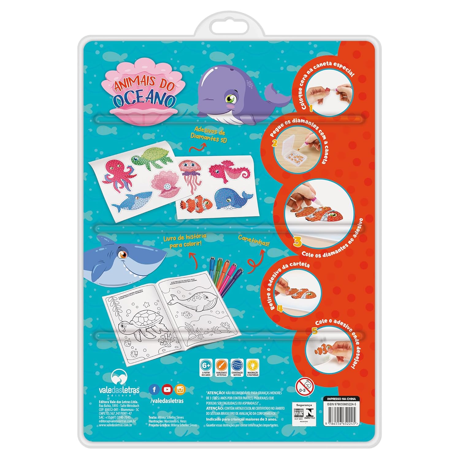 Livro de Colorir Com Canetinhas e Adesivos Fazendo Arte Diamante 5D - Animais do Oceano