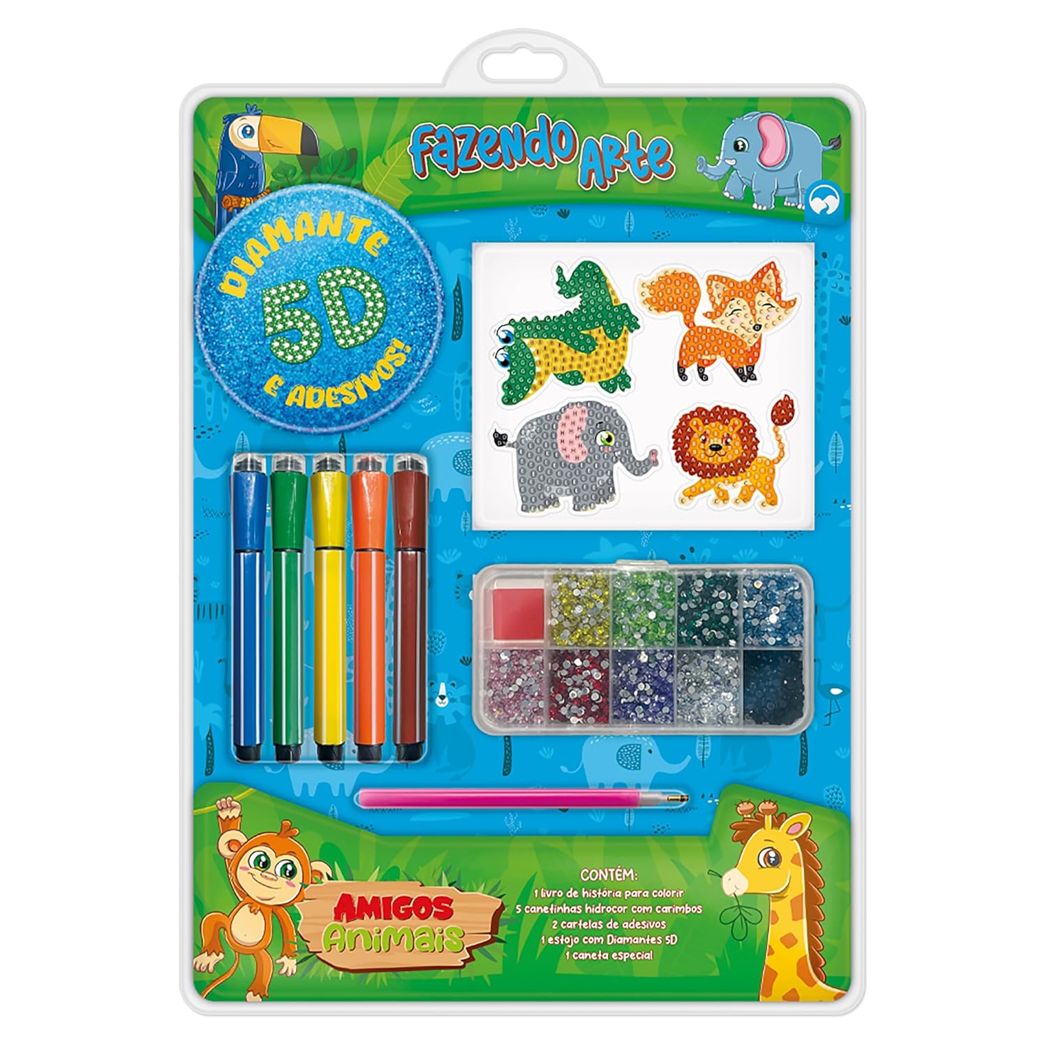 Livro de Colorir Com Canetinhas e Adesivos Fazendo Arte Diamante 5D - Amigos Animais