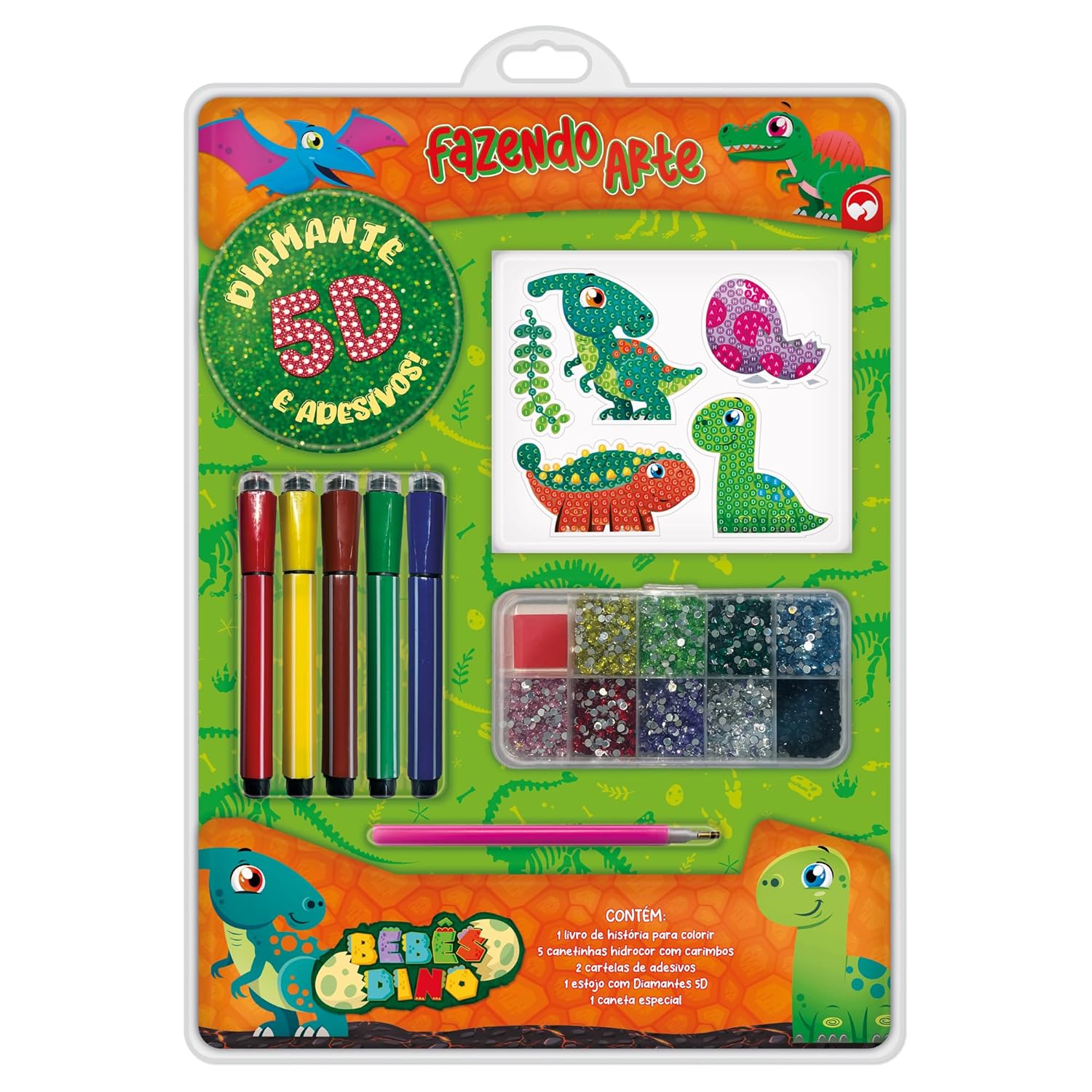 Livro de Colorir Com Canetinhas e Adesivos Fazendo Arte Diamante 5D - Bebês Dino