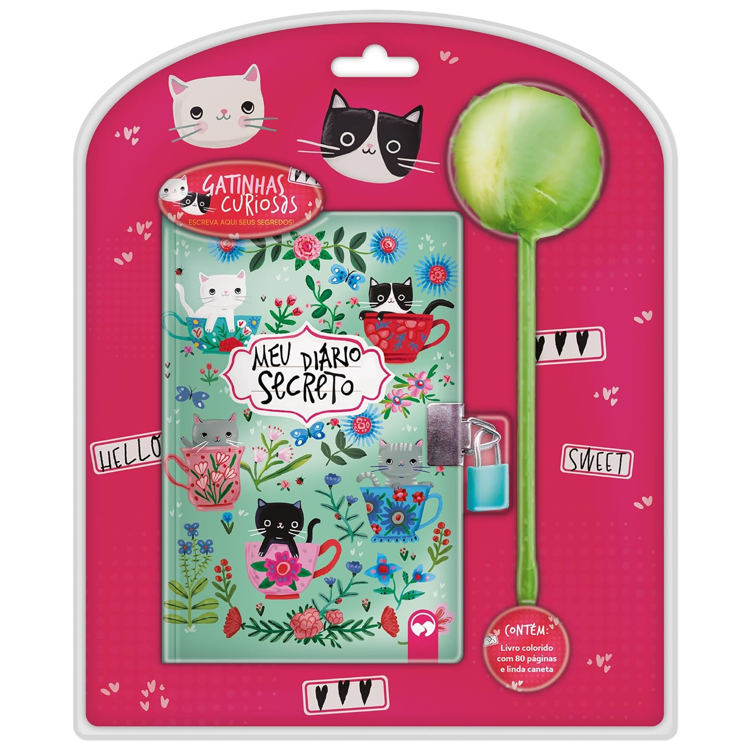 Livro Meu Diário Secreto com Caneta Pompom - Gatinhas Curiosas
