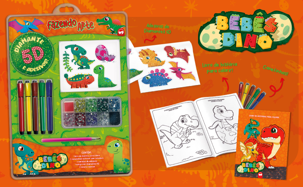 Livro de Colorir Com Canetinhas e Adesivos Fazendo Arte Diamante 5D - Bebês Dino