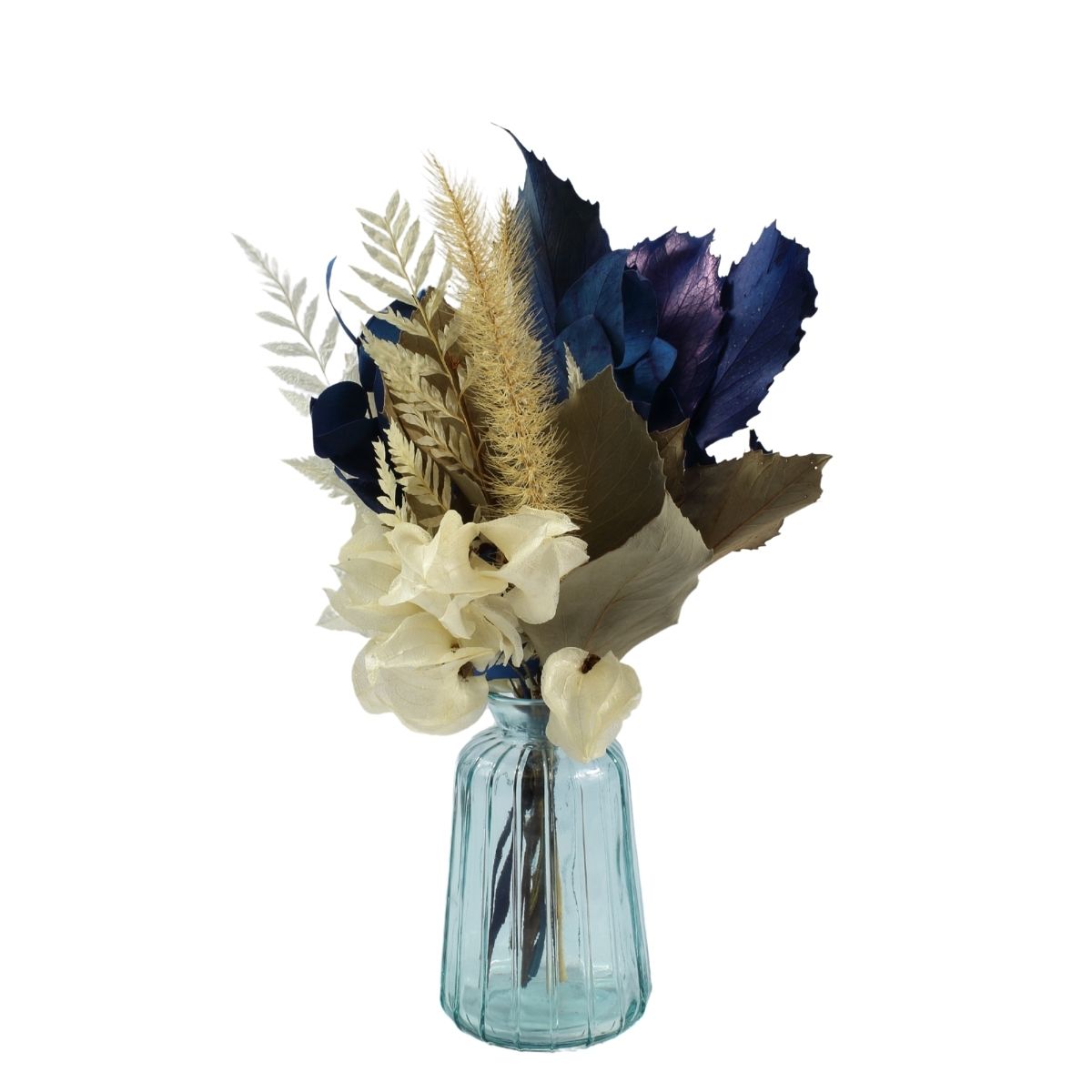 Arranjo Floral Seco no Vaso de Vidro Decorativo - Azul