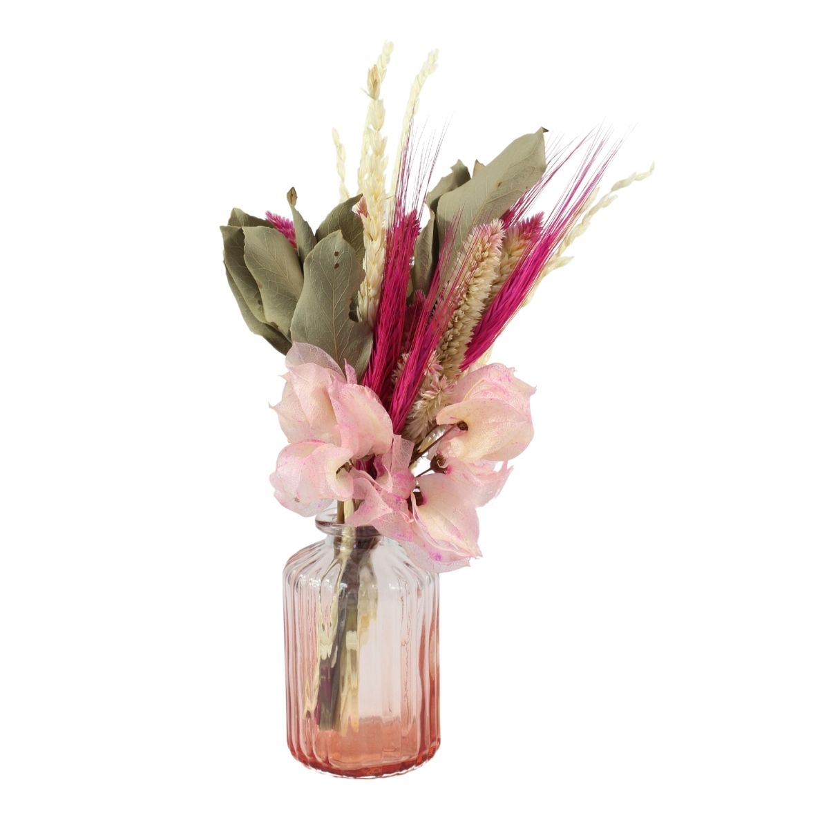 Arranjo Floral Seco no Vaso de Vidro Decorativo - Rosa