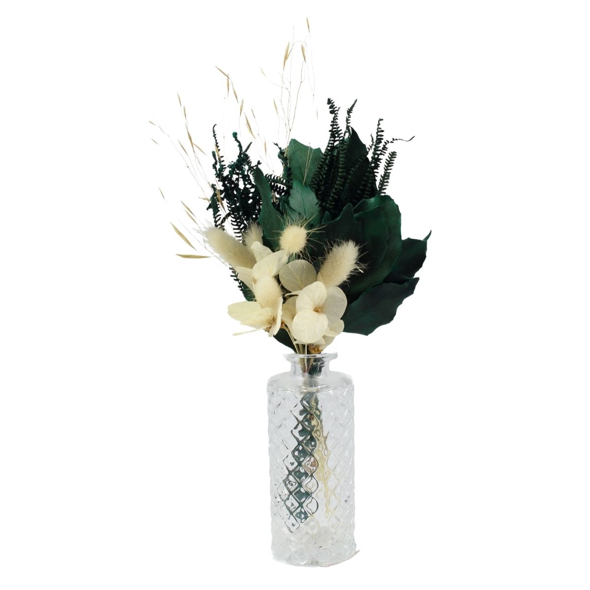 Arranjo Floral Seco no Vaso de Vidro Decorativo - Verde