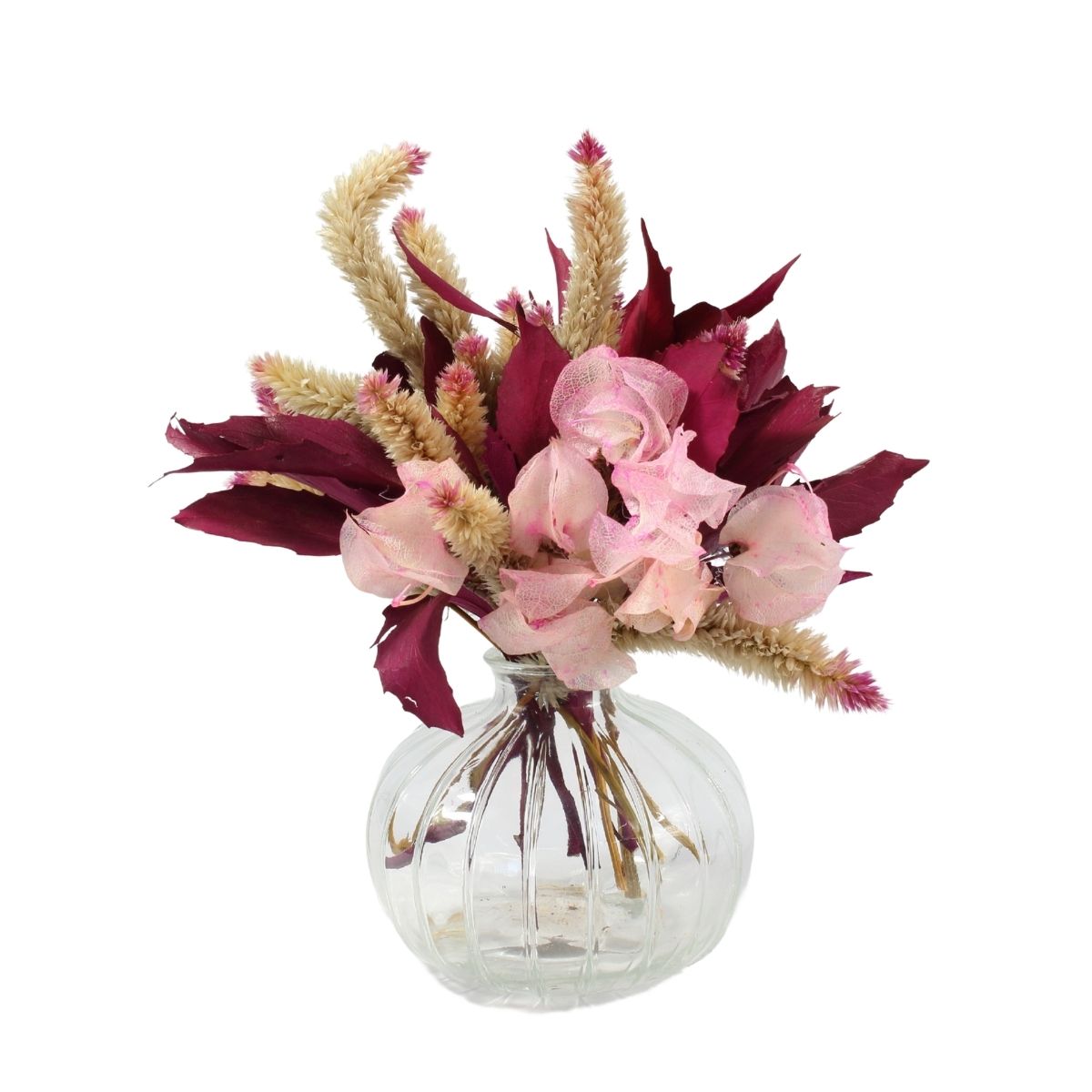 Arranjo Floral Seco no Vaso de Vidro Decorativo - Pink