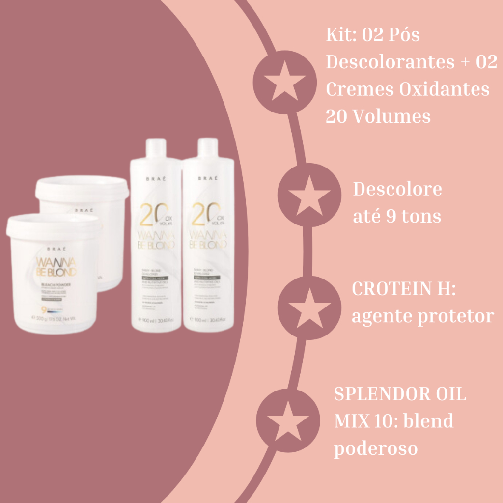 BRAÉ KIT 02 PÓS DESCOLORANTES 500g + 02 OXIDANTES 20 VOLUMES 900ml