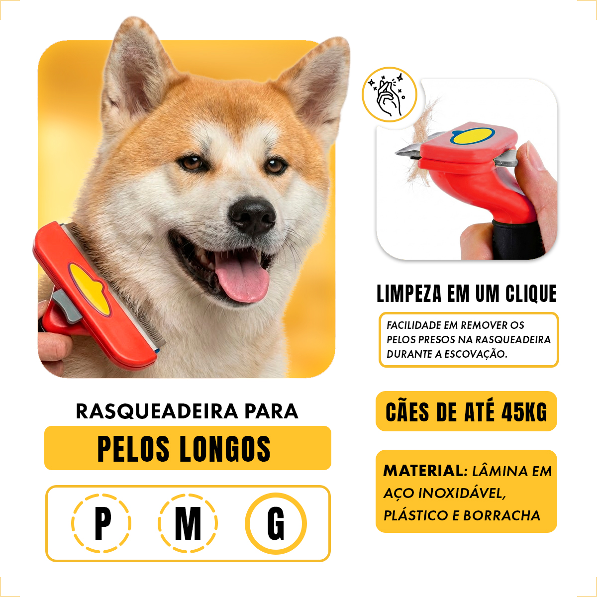 Escova Rasqueadeira Removedora de Pelos Porte Grande 30 a 45 KG VERMELHO GG - Pelo Longo — foto 4