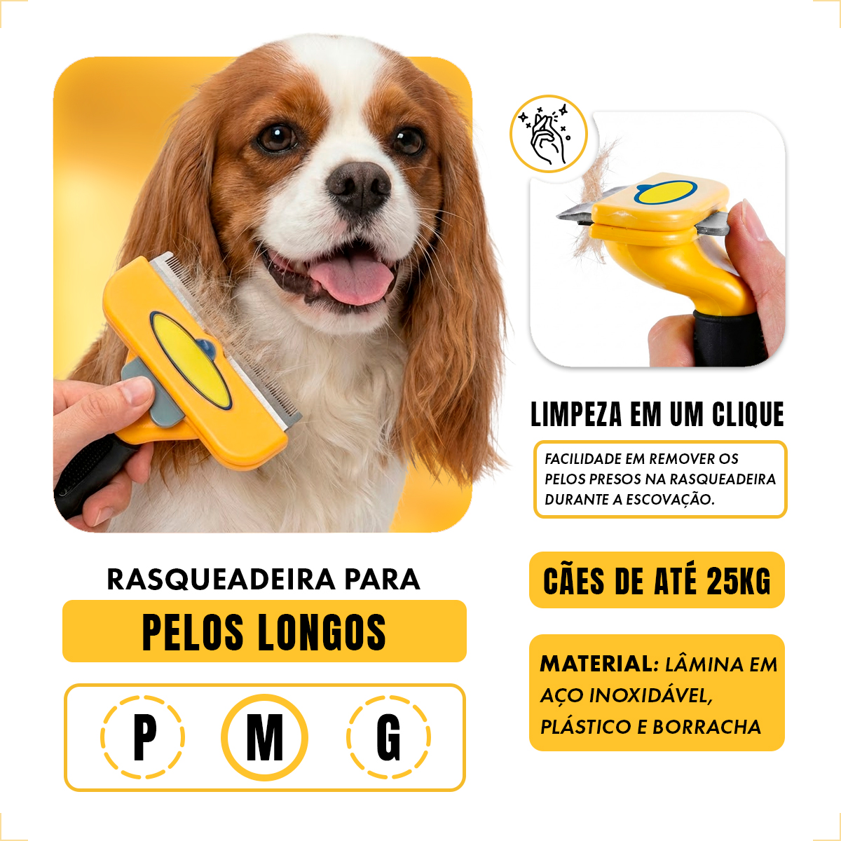 Escova Rasqueadeira Removedora de Pelos Porte Médio até  25 kg- AMARELO G - Pelo Longo — foto 4