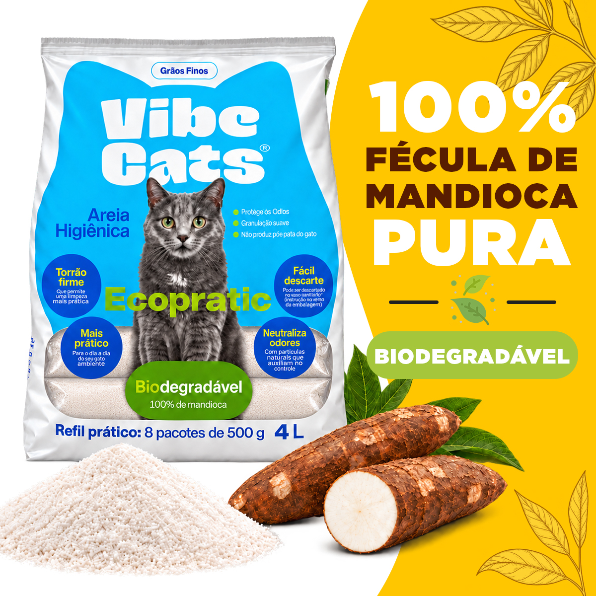 Areia de Gato 100% Fécula de Mandioca Pura Biodegradável Grão Fino 4kg — foto 4