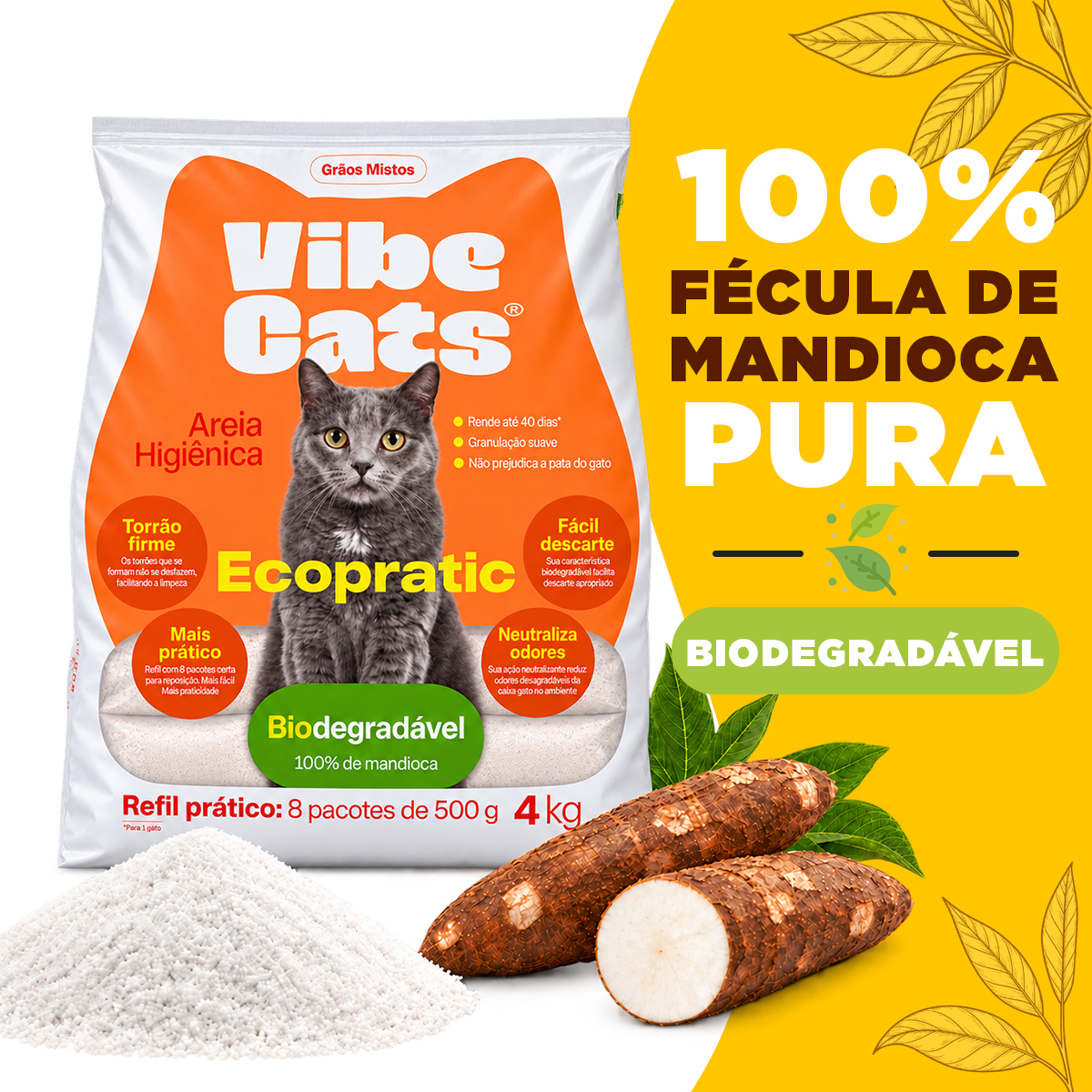 Areia de Gato 100% Fécula de Mandioca Pura Biodegradável Grão Misto 4kg — foto 4